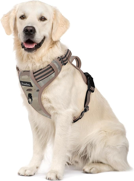 Funfox Dog Harness No Pull, Adjustable Pet Vest Harness, Super Soft Material with Vertical Handle Easy Control, Reflective Night Walking, 2 Leash Clips for Large Dogs, Camo Brown, L-PawvioPets