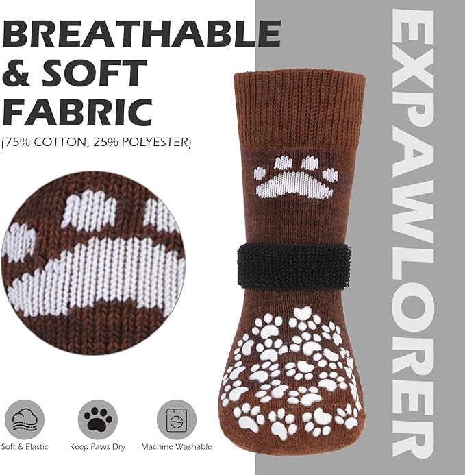 EXPAWLORER Anti Slip Dog Socks to Prevent Licking Paws, Dog Shoes for Hot Pavement, Dog Booties for Small Medium Large Senior Dogs, Traction Control Boots & Paw Protectors for Hardwood Floors Coffee-PawvioPets