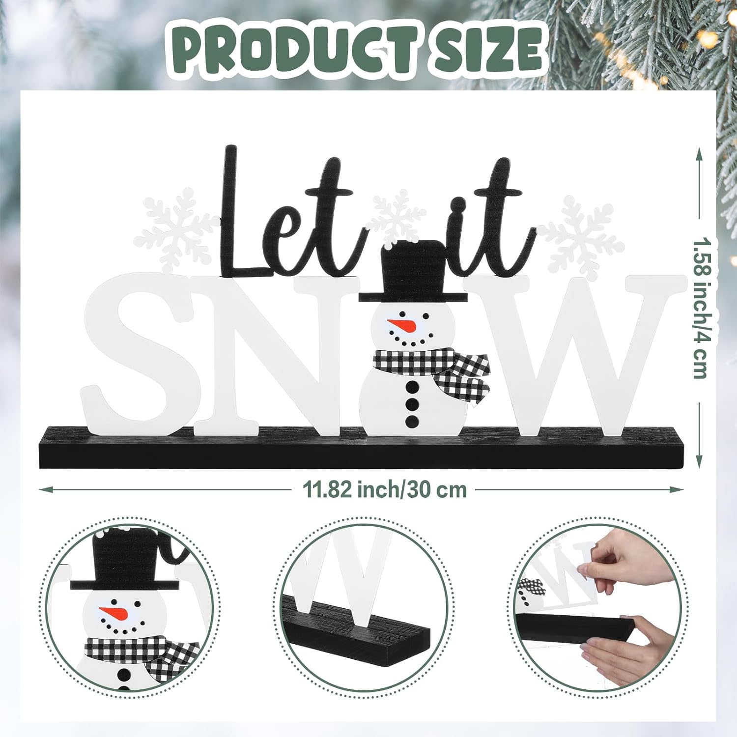Winter Metal Sign Let It Snow Table Decor Christmas Tiered Tray Decor with Wooden Base Metal Black and White Snowman Snowflake for Xmas Home Tabletop Centerpiece Mantel Shelf Fireplace