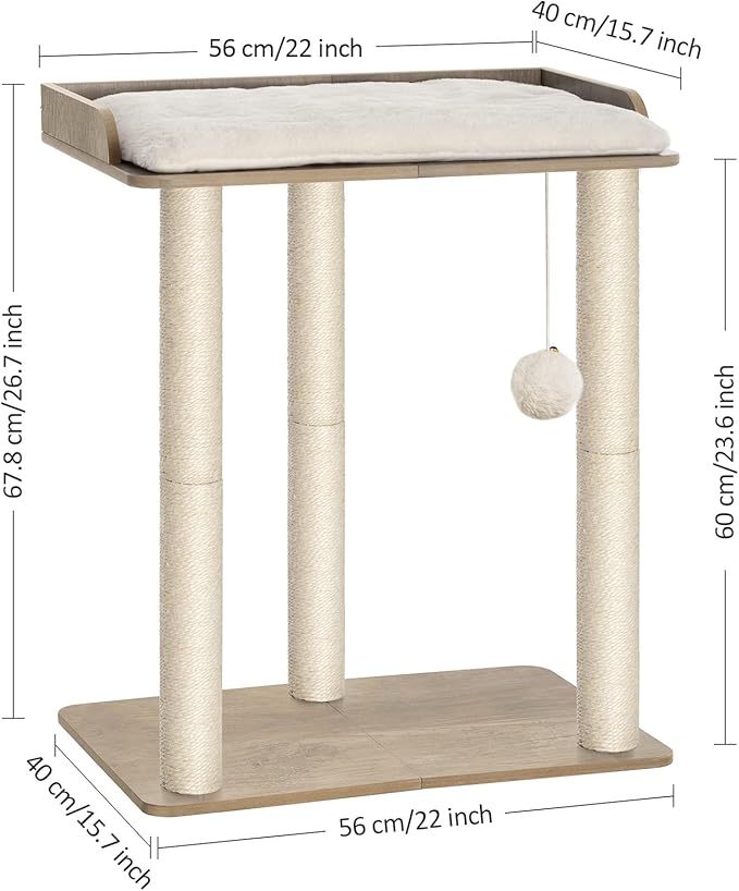 FourFurPets 26.7in Large Cat Tree Tower Condo, Cat Scratch Posts for Indoor Cats, Big Plate, Three 23.6in Full Sisal Scratching Posts, Greige-PawvioPets