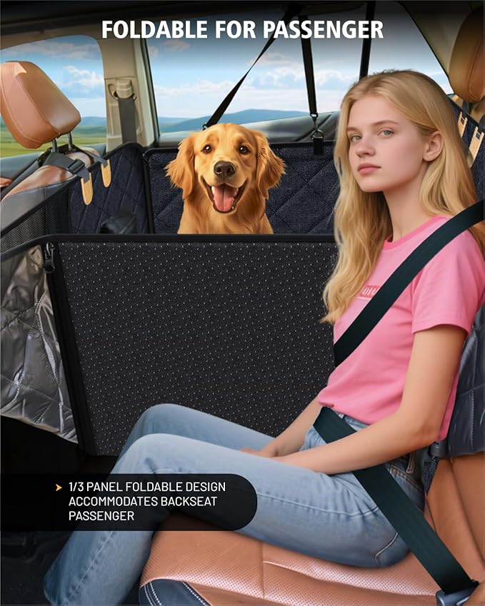 Back Seat Extender for Dog, Waterproof Dog Car Seat Cover for Back Seat, Hard Bottom Car Seat Cover, Large-Space Hammock for Car Truck SUV, Pet Seat Cover Holds 450lbs(Black)-PawvioPets