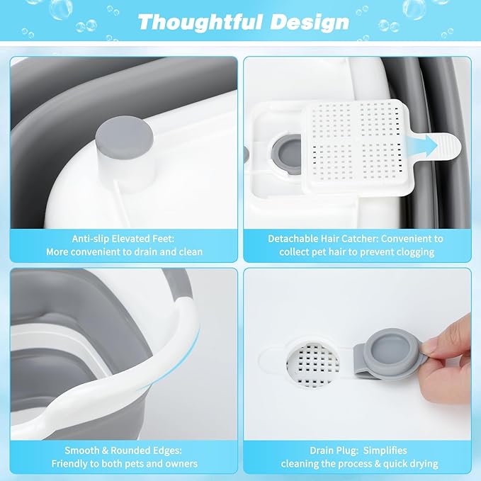 FHTONGE 7.13 Gal/27L Raised Collapsible Dog Bathtub with Drain Hair Catcher, Multifunctional Pet Washtub for Small to M Dog, Portable Puppy Tub Cat Shower Basin Laundry Basket Storage Organize Bucket-PawvioPets