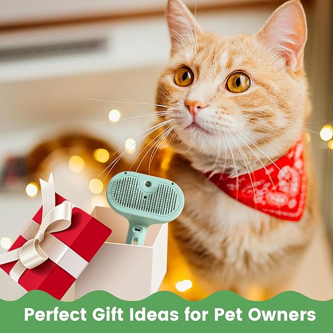 3 in 1 Cat Steam Brush, Pet Spray Hair Removal Comb for Shedding & Grooming, Water Brush for Cats Dogs Small Animals Long Short Haired with One-Click Release Button(Green)-PawvioPets