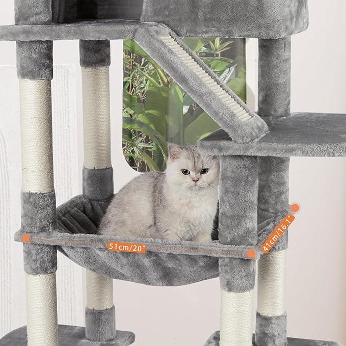 73 inches Large Cat Tree for Indoor Cats, Tall Cat Tower with Sisal Scratching Posts and Pads, Padded Plush Perch, Cozy Basket, Plush Condo for Large Cats (Grey)-PawvioPets