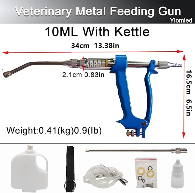 10ML Veterinary Metal Feeding Gun, Continuous Drench Gun Dosing Device Veterinary Adjustable Medicine Dispenser Husbandry Autonomous Feeding Tool, for Pig Cow, Sheep, Horse (Blue, 10ML+Kettle)-PawvioPets