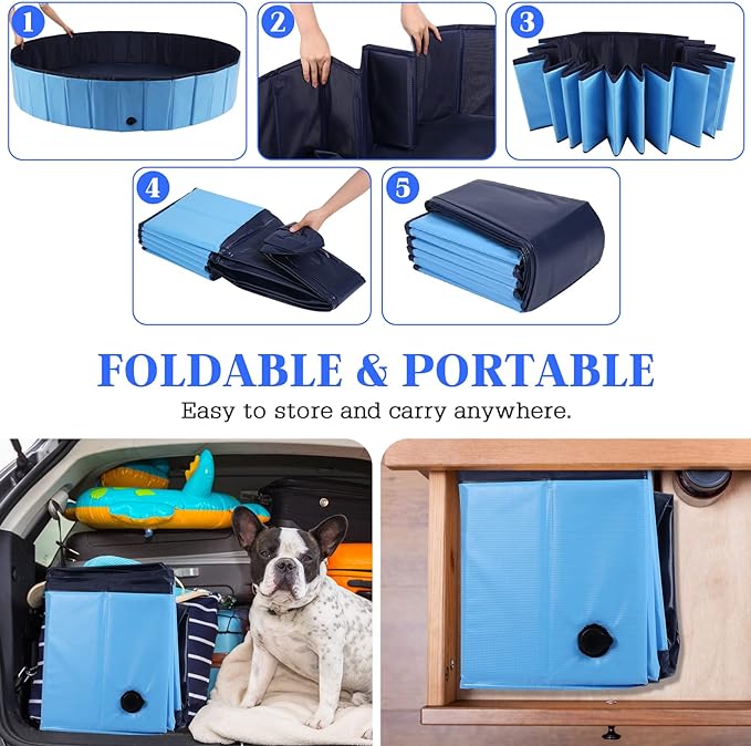 Foldable Dog Bath Swimming Pool Plastic Kiddie Pool Professional Tub Collapsible Grooming Bathtub for Pets Kids Baby and Toddler, 63 x 12 Inches Blue-PawvioPets