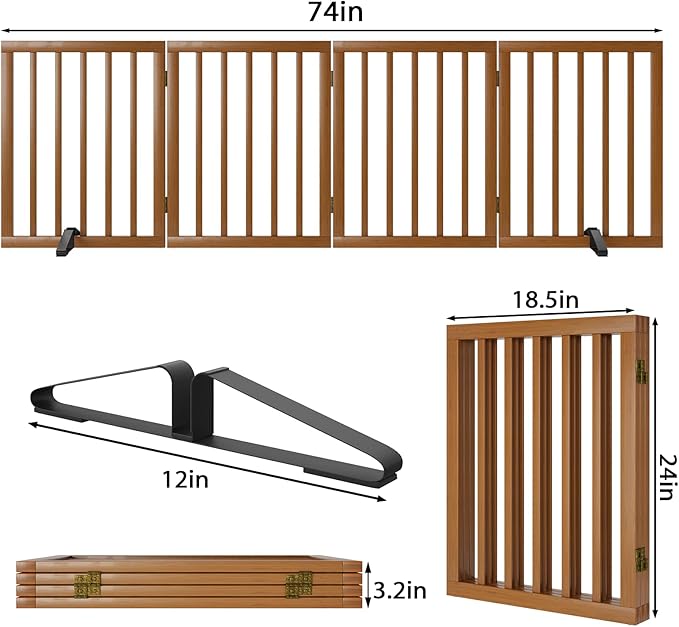 Freestanding Pet Gate Foldable 4 Panel Dog Gate Walnut Dog Gates for Stair Doorways House Indoor (2 Support Feet Included)-PawvioPets