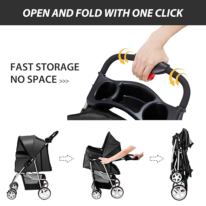 4 Wheels Pet Stroller for Small Medium Dogs Cats 10-33 lbs, Foldable Dog and Cat Stroller with Cup Holder & Storage Basket & Breathable Mesh, Pet Strolling Cart for All-Season, Black-PawvioPets