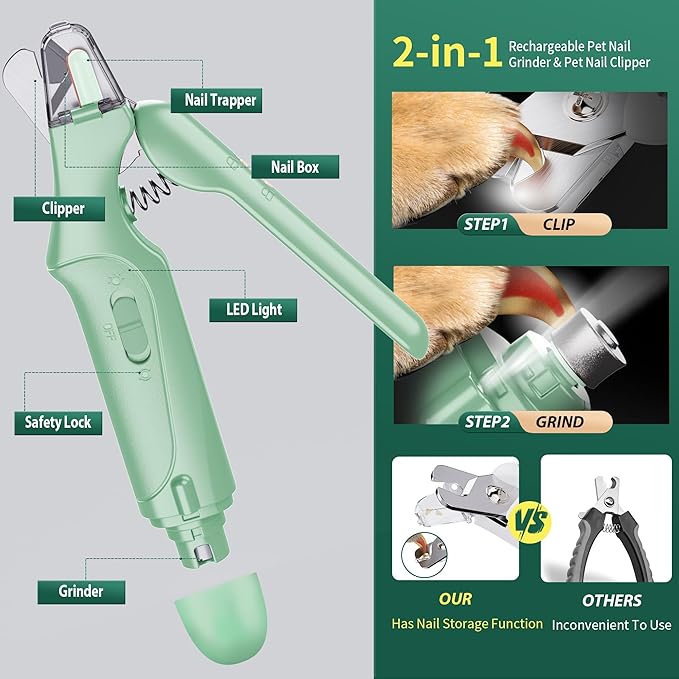 Dog Nail Clippers & Cat Nail Clipper with Catcher, 2 in 1 Dog Nail Trimmers & Grinder with Light for Large Small Dogs Cats,Silent Groom Pro Claw Trimmer, Rechargeable Dogs Nails Grinder Quiet-PawvioPets