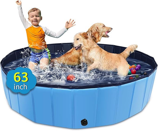 Foldable Dog Pool, 63" x 12" Kiddie Pool with Hard Plastic, Non-Slip Dog Bath Tub for Outdoor Backyard, Collapsible Dog Swimming Pool for Kids Dogs Pets (Blue)-PawvioPets