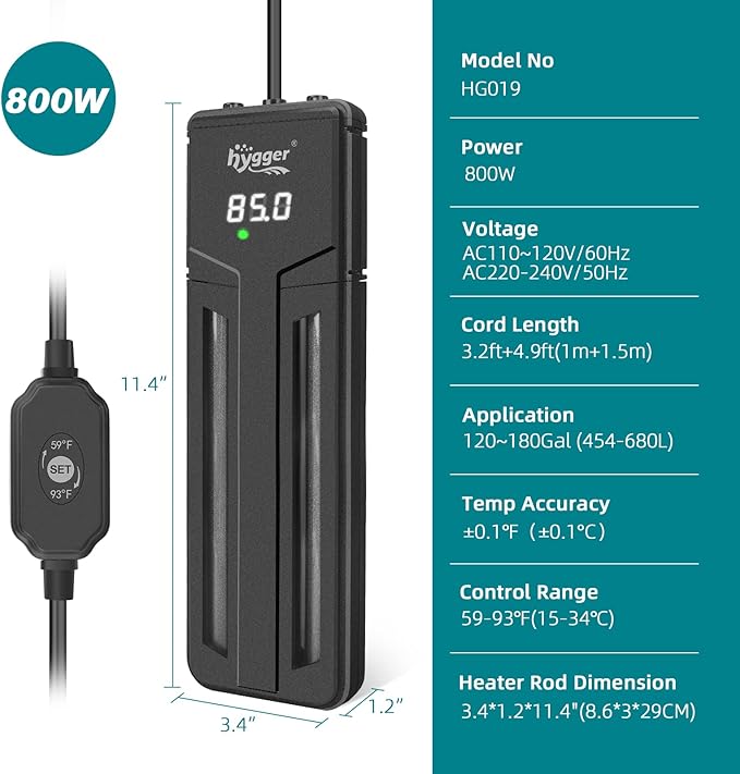 hygger Aquarium Heater,500W/800W/1200W Submersible Fish Tank Water Heater Double Quartz Explosion-Proof with for Freshwater Saltwater Tank-PawvioPets