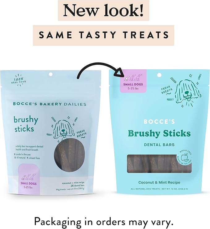 Bocce’s Bakery Dailies Brushy Sticks to Support Oral Health & Fresh Breath, Wheat-Free Dental Bars for Dogs, Made with Real Ingredients, Baked in the USA, All-Natural Coconut & Mint Recipe, Small Dogs-PawvioPets