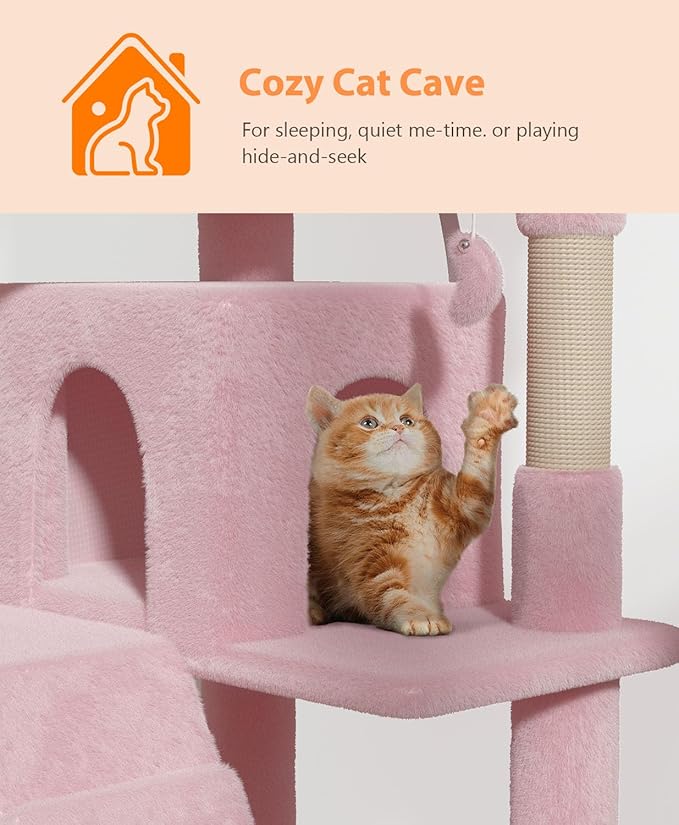 77'' Cat Tree Tower for Indoor Cats Large Adult, Cute/Tall Modern Cat Tree for Big Cats 20 lbs, Plush Multi-Level Cat Condo with Scratching Posts,Dangling Ball (Soft Pink, 77 inch)-PawvioPets