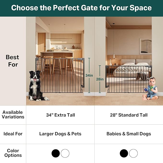 Cumbor 34" Extra Tall No Bottom Bar Baby Gate for Stairs, Auto Close Dog Gate Indoor for Larger Pets, 31.6-48" Hardware Mounted Safety Gate for Doorways, Wide Walk Thru Door for Easy Access (Black)-PawvioPets