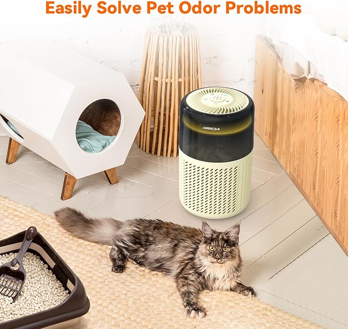 AIRROMI Air Purifier for Bedroom Home,HEPA Filter,Covers Upto 549 Ft²,Quiet 360°intake Air Cleaner with Fragrance ponge for Better Sleep,Night Light,Filters Smoke,Pet Dander,Allergies,Dust,A2005Yellow-PawvioPets