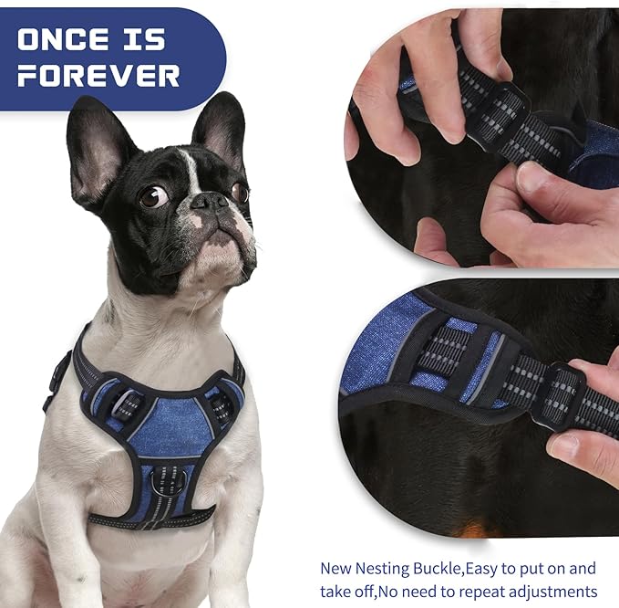 BUMBIN Dog Harness for Large Dogs, No Pull Adjustable No Choke Pet Vest with Dog Leash Fit Smart Reflective Pet Walking Harness for Training Easy Control Soft Handle Denim Blue M-PawvioPets