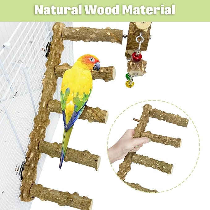 BNOSDM Natural Wood Bird Ladder Perch with Rotating Bell Toys-Exercise Stands for Parrot Climbing Chewing Parakeet Bridge Cage Accessories for Cockatiel, Conures, Lovebirds, Budgie-PawvioPets
