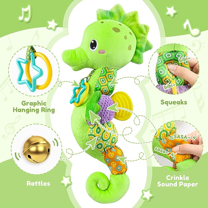 Baby Toys 0 to 12 Months, Musical Stuffed Animal Activity Soft Toys with Multi-Sensory Crinkle, Rattle and Textures, Infant Tummy Time Toys for Newborn Boys Girls, Seahorse, Green-PawvioPets
