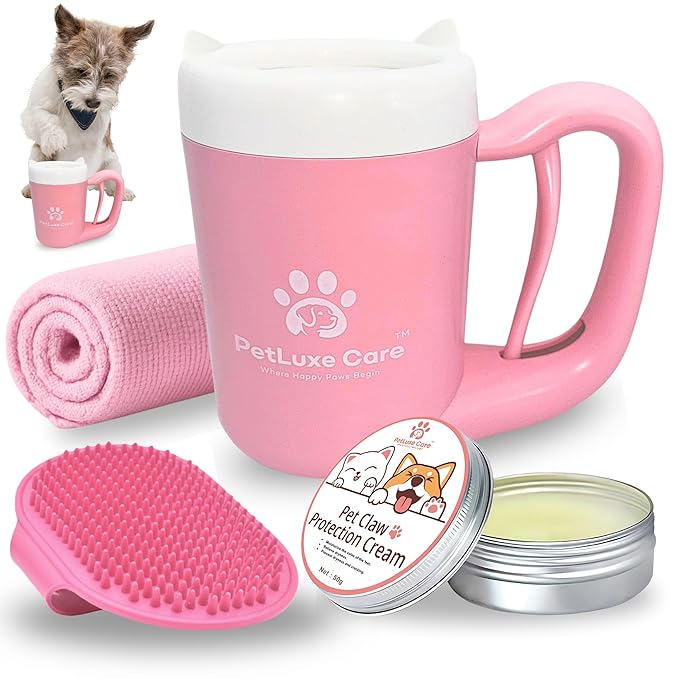 Dog Paw Cleaner for Small & Medium Dogs – Portable Paw Washer Cup with Soft Silicone Brush, Towel & Moisturizing Balm – Gently Cleans Muddy Paws After Walks (Pink, Small)-PawvioPets