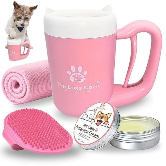 Dog Paw Cleaner for Small & Medium Dogs – Portable Paw Washer Cup with Soft Silicone Brush, Towel & Moisturizing Balm – Gently Cleans Muddy Paws After Walks (Pink, Small)-PawvioPets