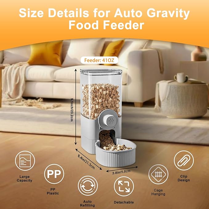 Auto Gravity Food Dispenser for Cage Hanging, 41OZ Capacity Hanging Automatic Pet Cage Feeder, Food Bowl for Cats Dogs Rabbit Ferret Chinchilla Bird Hedgehog Guinea Pig (Grey)-PawvioPets