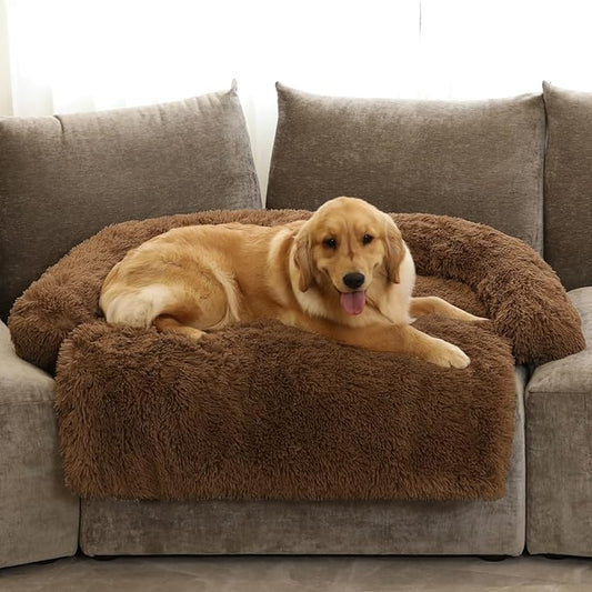 GGIB Calming Dog Bed Fluffy Plush Dog Mat for Furniture Protector with Removable Washable Cover for Large Medium Small Dogs and Cats (Extra Large (53x39.3x6), Brown)-PawvioPets