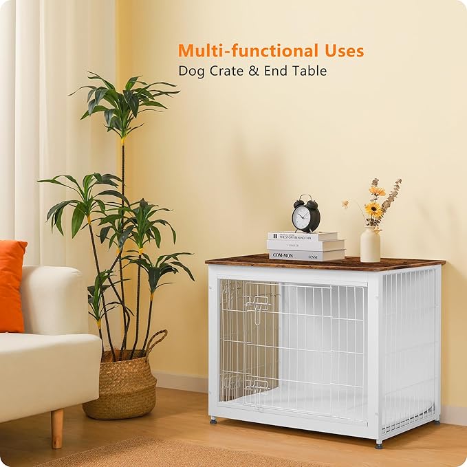 DWANTON Dog Crate Furniture with Cushion, Wooden Kennel Table with Double Doors, Indoor Dog House, Medium Size, 32.5" L, White+Rustic Brown-PawvioPets