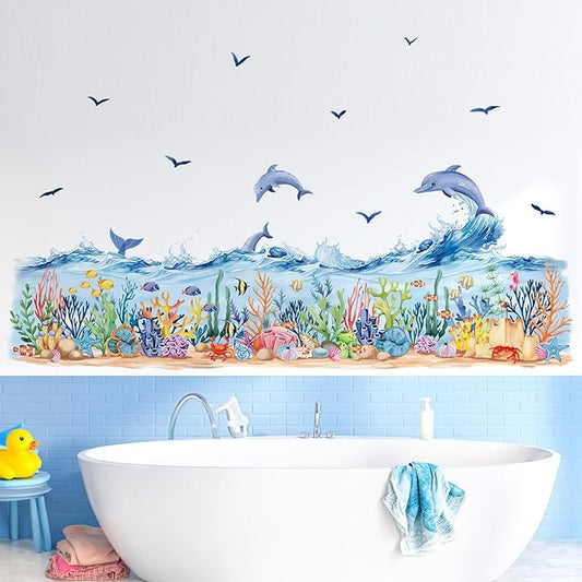 decalmile Under The Sea Seaweed Grass Wall Decals Dolphins Fish Ocean Wave Baseboard Skirting Line Wall Stickers Kids Bedroom Bathroom Wall Decor-PawvioPets