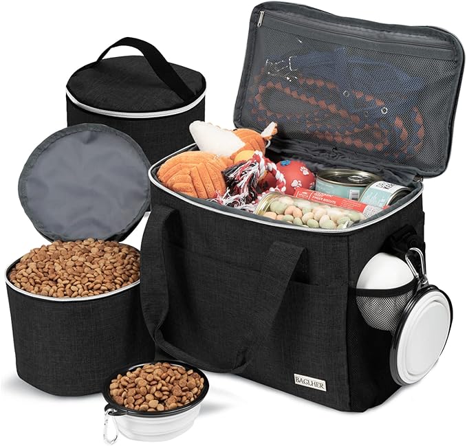 BAGLHER Dog Travel Bag Backpack Pet Supplies Backpack Pet Accessories Storage Bag 5-Piece Set with Shoulder Strap 2 Lined Pet Food Containers 4 Foldable Feeding Bowls Essential Kit for Pet Travel-PawvioPets