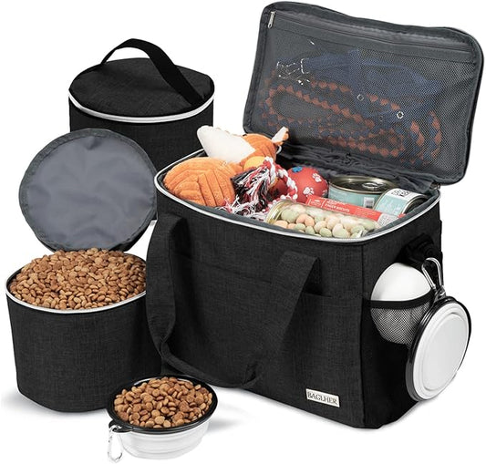 BAGLHER Dog Travel Bag Backpack Pet Supplies Backpack Pet Accessories Storage Bag 5-Piece Set with Shoulder Strap 2 Lined Pet Food Containers 4 Foldable Feeding Bowls Essential Kit for Pet Travel-PawvioPets