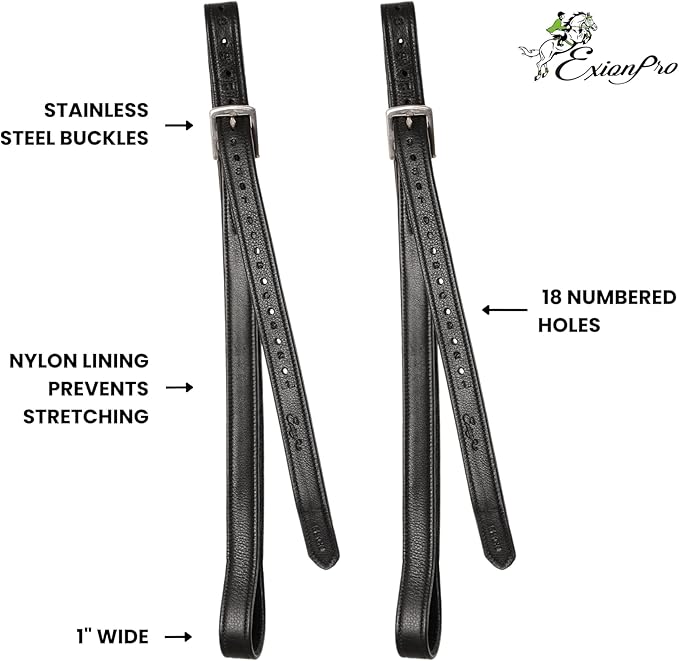 Exion FlexiStrong Stirrup Leathers for English Saddles – 1" Premium Calfskin with Nylon Core – Numbered Holes, Stainless Steel Buckles – Black/Brown – Horse Riding Gear (48"/120cm to 62"/155cm)-PawvioPets