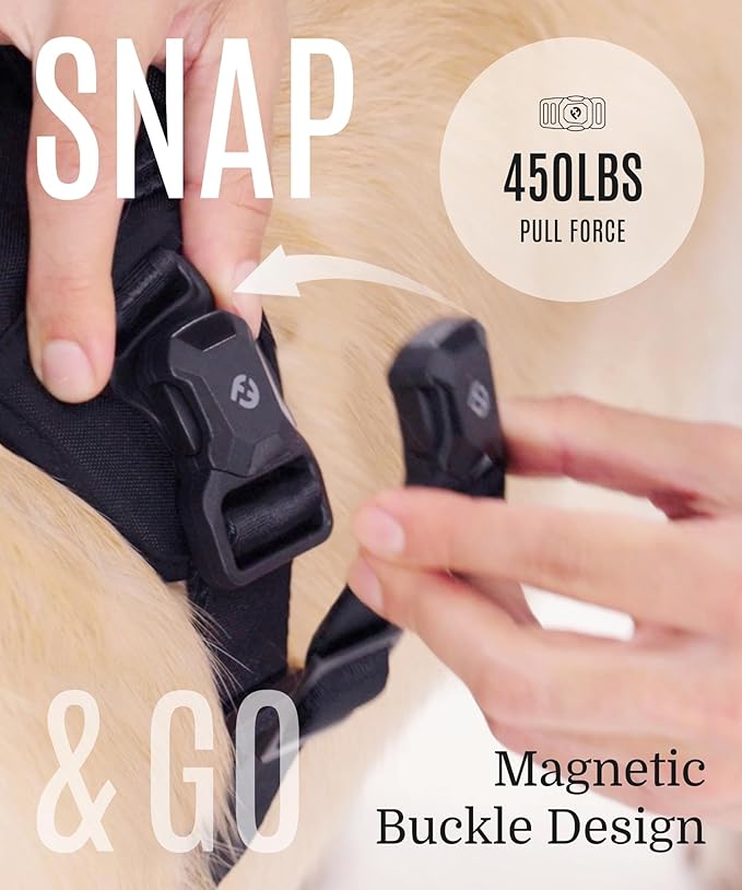 2025 New Edition, Fei & Eve MagEase Dog Harness - 3-Second Magnetic Buckles | 3-Point No-Pull Control | Heavy-Duty 900D Nylon | Dual Safety Handles | Breathable Mesh | Adjustable Fit, Large, Champagne-PawvioPets