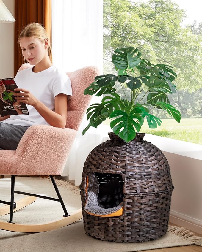 Cat Litter Box Plant Furniture Enclosure, Hidden Handwoven Rattan with Cat Litter Box and Artificial Plants, Odor Control Filter, Real Stones in Living Room, Bedroom, Corner (Brown)-PawvioPets