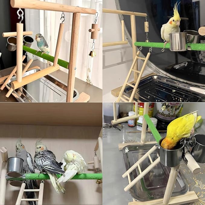 Birds Playground Parrot Playstand Birds Perch Stand Gym Natural Wood Play Stand with Ladder Swing Feeder Cups for Parakeets Cockatiels Lovebirds Conures Budgies-PawvioPets