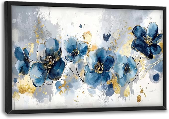 Extra Large Framed Abstract Blue Flower Wall Art,Oversized Golden Grey Floral Wall Decor Pictures for Living Room,Canvas Print Painting Modern Artwork Bedroom Office Bathroom Home Decor 36L" x 24W"-PawvioPets