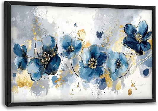 Extra Large Framed Abstract Blue Flower Wall Art,Oversized Golden Grey Floral Wall Decor Pictures for Living Room,Canvas Print Painting Modern Artwork Bedroom Office Bathroom Home Decor 36L" x 24W"-PawvioPets