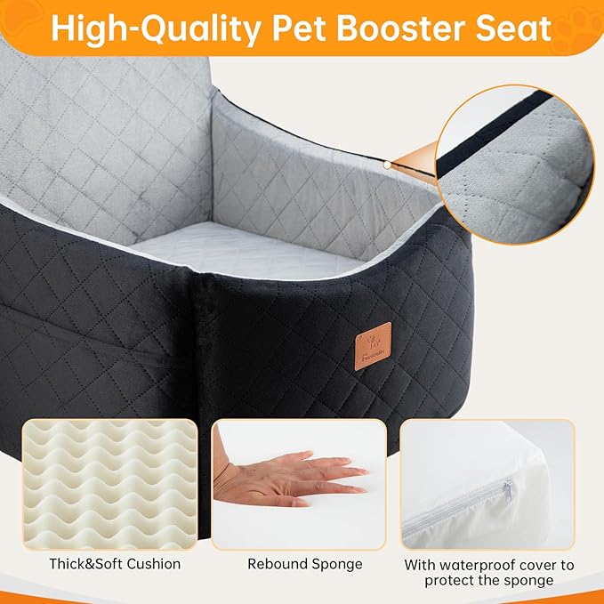 Dog Car Seats for Small/Medium Dogs, FurFrolic Memory Foam Dog Booster Seat for Small Dogs up to 35 lbs, Travel Pet Car Seat with Washable Detachable Cover, Storage Pockets, 2 Safety Belts, Black Gray-PawvioPets