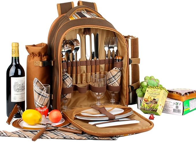 Apollo Walker Picnic Backpack Bag for 4 Person with Cooler Compartment,Wine Bag, Picnic Blanket(45"x53"),Best for Family and Lovers Gifts (Brown)-PawvioPets