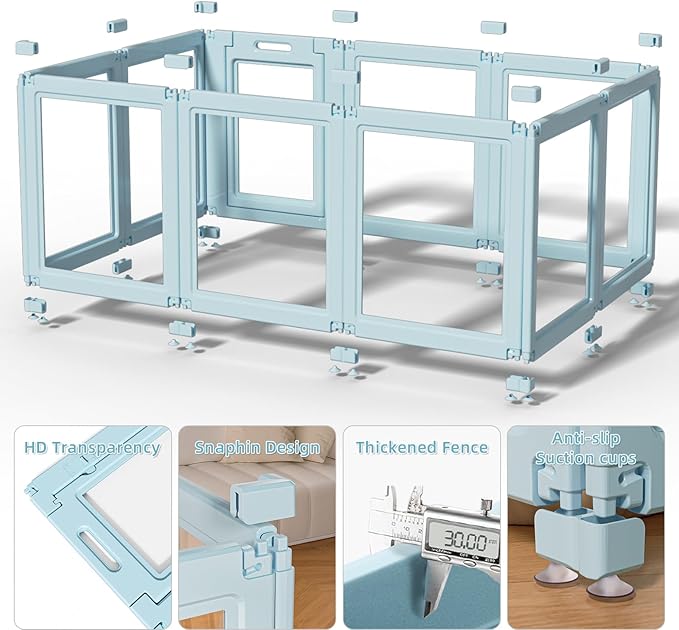 DIY Clear Acrylic Dog Playpen House,Quick Easy Assembly and Disassembly,Strong Floor Suction,Indoor and Outdoor Use,Easy Cleansing Puppy Fence (Sky Blue, 30.3" H, 8PCS)-PawvioPets
