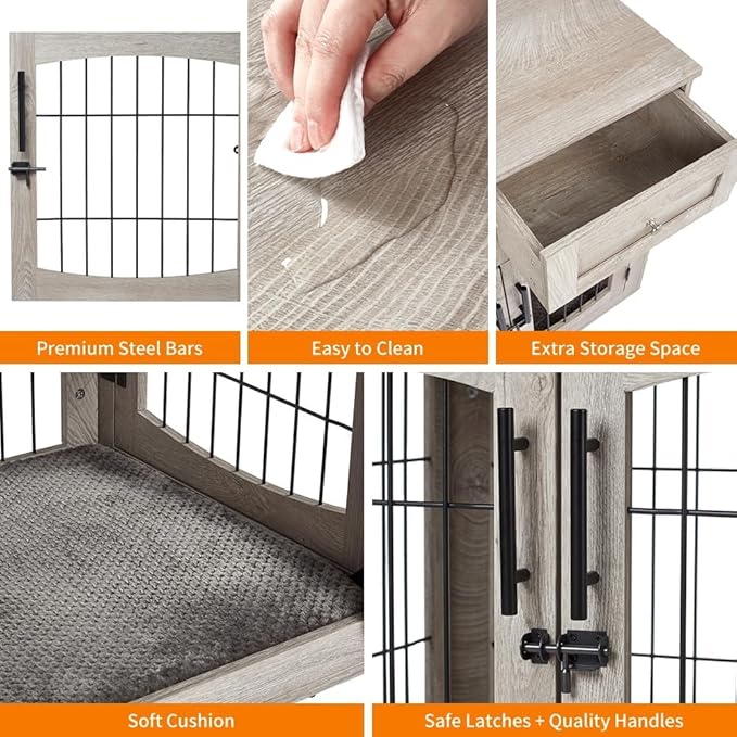 Dog Crate Furniture for Large Dogs, Wooden Dog Kennel Indoor with Double Doors, Dog Cage with Cushion & Drawers, Dog House Side End Table for Large Medium Dogs up to 70 lb, 39.4” L, Grey-PawvioPets