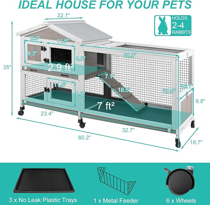 2-Tier Rabbit Hutch with Wheels, Indoor & Outdoor Small Animal Cage with Deep Pull-Out Tray, Anti-Chew Frame, Habitat for Bunny, Guinea Pig, Chinchilla (60" L x 19" W x 35" H)-PawvioPets