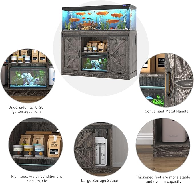 Farmhouse 55-75 Gallon Fish Tank Stand with Power Outlet, Aquarium Stand with Cabinet&Sliding Barn Door, Heavy Duty Reptile Tank Stand for 2 Fish Tank/Turtle Tank/Reptile Terrarium, Grey-PawvioPets