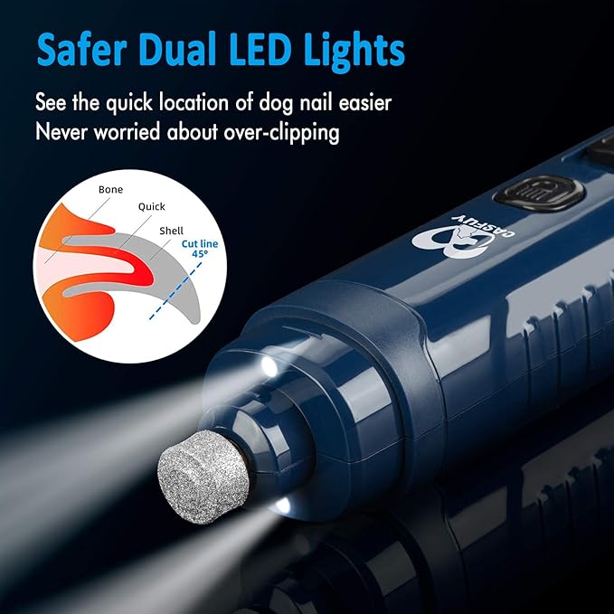 Casfuy Dog Nail Grinder with 2 LED Light - 4.8V Super Powerful 2-Speed Electric Pet Nail Trimmer for Medium Large Dogs Quiet Rechargeable Painless Paws Grooming & Smoothing Tool (Dark Blue)-PawvioPets