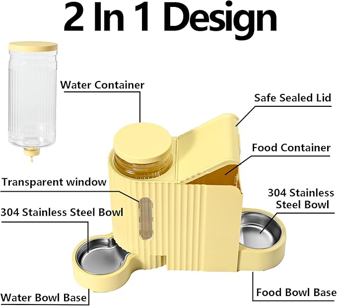 Automatic Cat Food Feeder and Water Dispenser,2 in 1 Gravity Cat Feeder and Water Dispenser with Stainless Steel Bowl,2 Pack Large Capacity Self Feeding for Small Medium Pets Puppy Kitten-PawvioPets