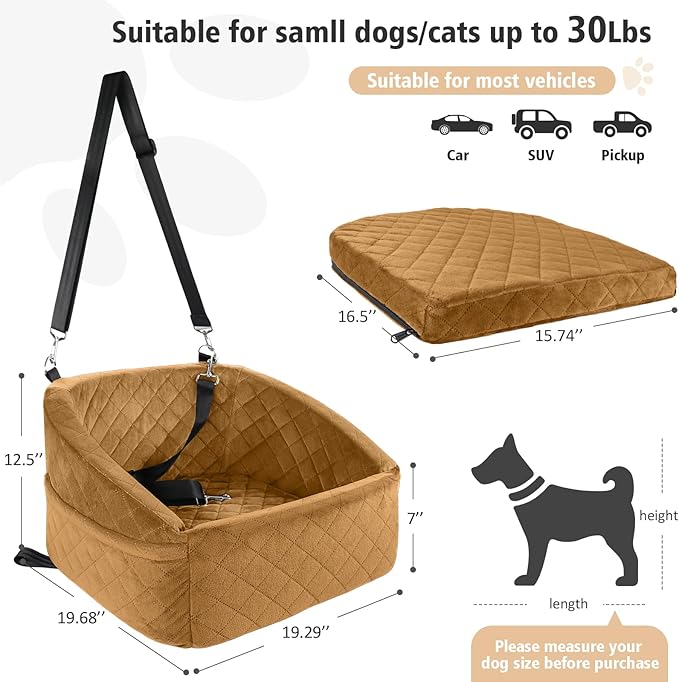 Dog Car Seat for Small Medium Dogs,Detachable Washable Dog Booster Seat Under 30lbs,Pet Car Seat Travel Bed with Storage Pockets and Dog Safety Belt（Brown-PawvioPets