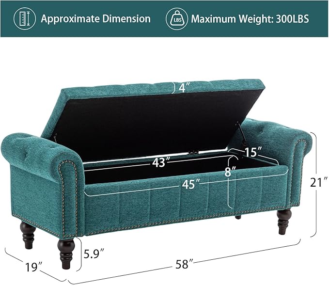 58’’ Storage Bench for Bedroom, Upholstered Button-Tufted Ottoman with Solid Wood Legs, Queen Size End of Bed Shoe Cabinet, Window Seat Foot Rest Stool for Entryway, Living Room (Teal)-PawvioPets