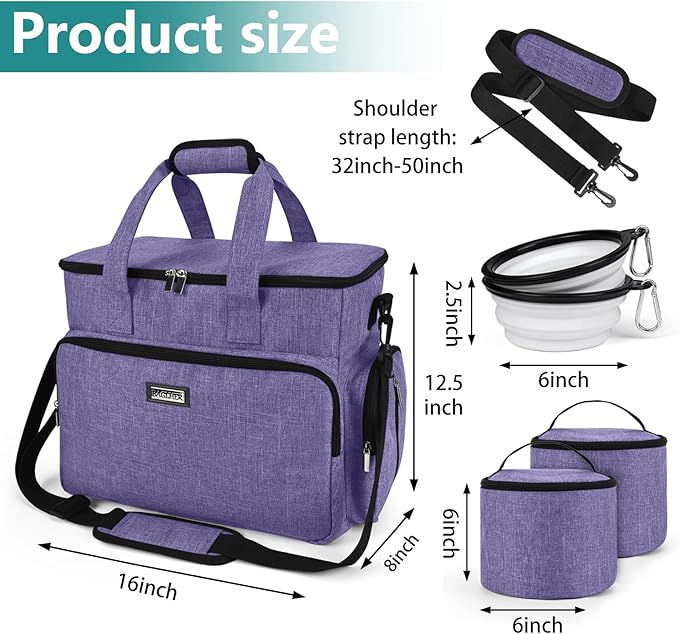 BAGLHER Dog Travel Bag, Airline Approved Pet Tote Organizer with Multi-Function Pockets, 2 X Food Storage Containers and 2 X Collapsible Dog Bowls, Perfect Weekend Pet Travel Set for Dog, Cat Purple-PawvioPets