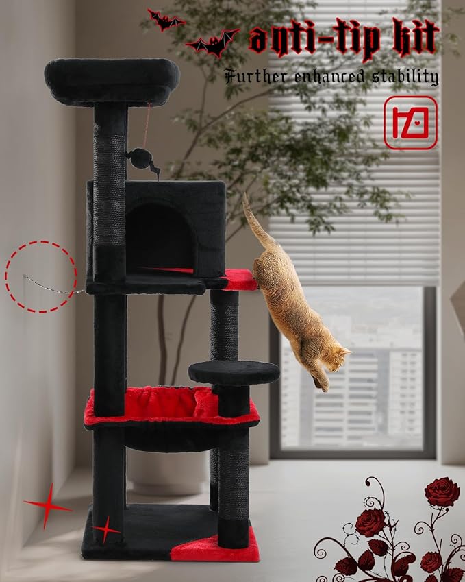 Gothic Cat Tree with Super Large Hammock, 45.7" Black Cat Tower with Coffin Bed, Cat Condo, Sisal Scratching Posts & Top Perch, Multi-Level Goth Cat Tree, Halloween, Black-PawvioPets
