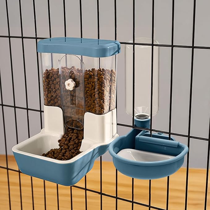 Automatic Pet Food Water Dispenser, Auto Gravity Pet Feeder Water Bottle Set for Crate, Feeding Station for Small Dog Cat Rabbit Guinea Pigs Chinchilla Ferret Hedgehog (Blue)-PawvioPets