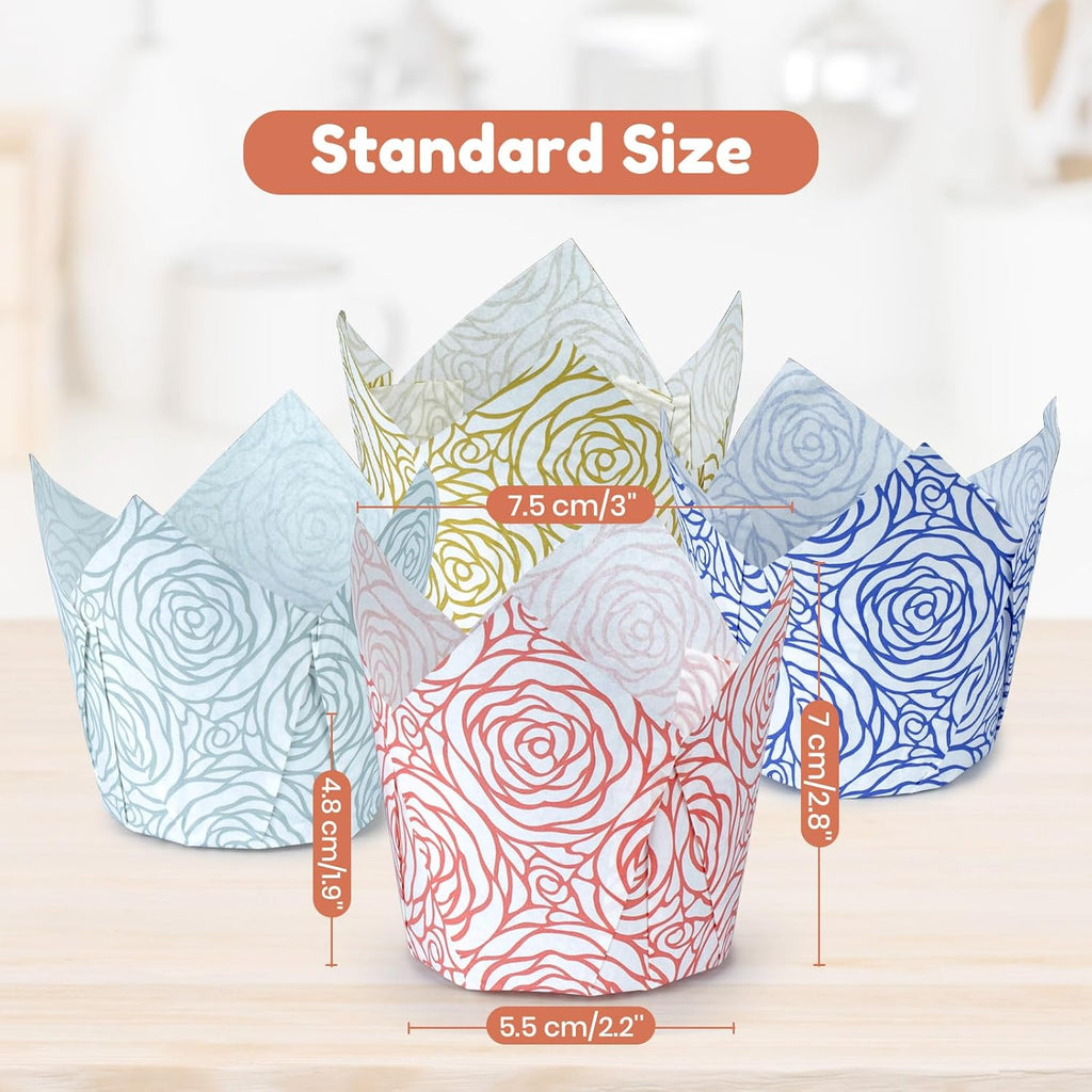 160pcs Tulip Paper Cupcake & Muffin Liners Oil Resistant - Standard Size 4 Colors Rose Pattern Baking Cups Cupcake Wrappers, Model BK010